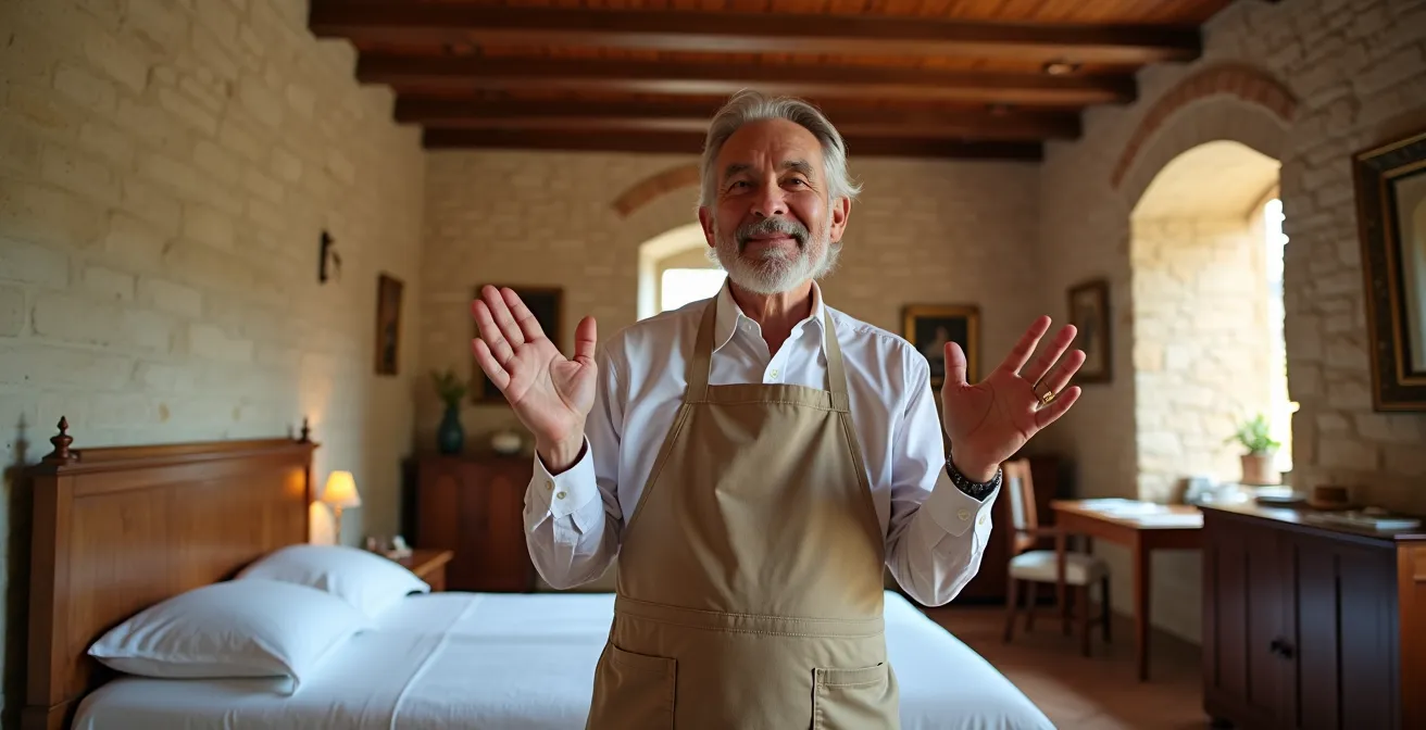 Interno accogliente di una camera di albergo diffuso con travi in legno antico e arredi moderni minimalisti