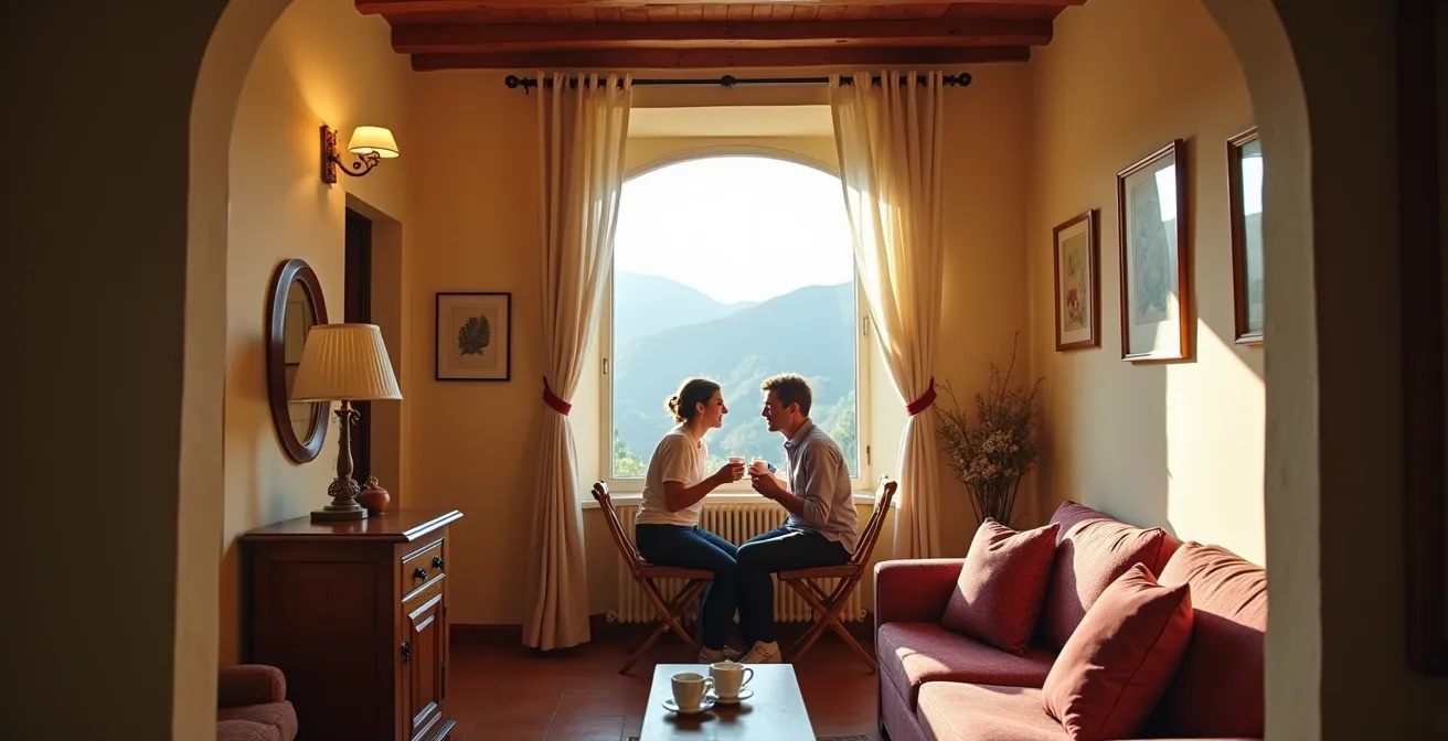 Interno accogliente di un albergo diffuso con travi in legno e arredi rustici autentici