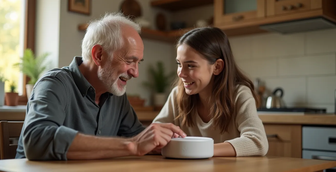 Nonno e nipote insieme sorridono mentre configurano un assistente vocale, simbolo di tecnologia semplice e supportata dalla famiglia