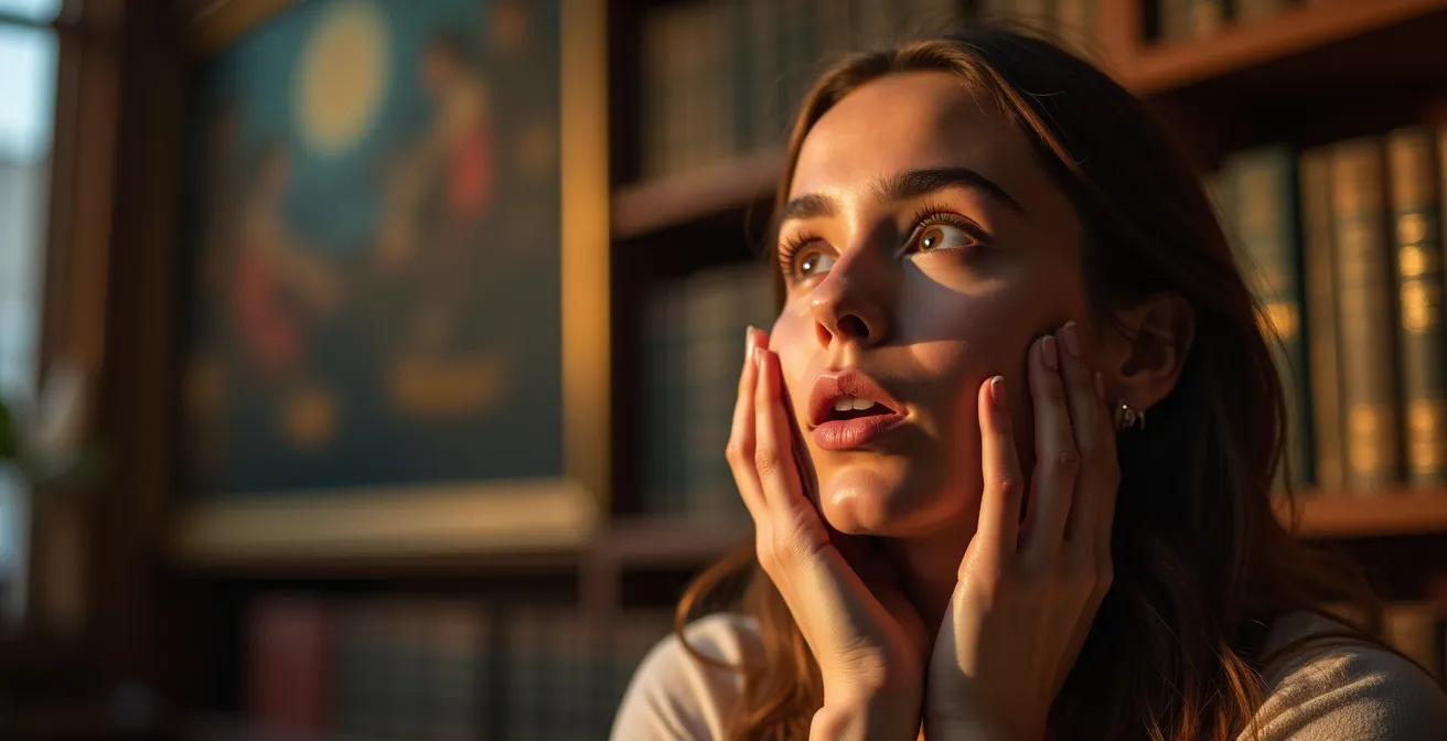 Ricercatore esplora archivi digitali museali su schermo scoprendo opere d'arte nascoste