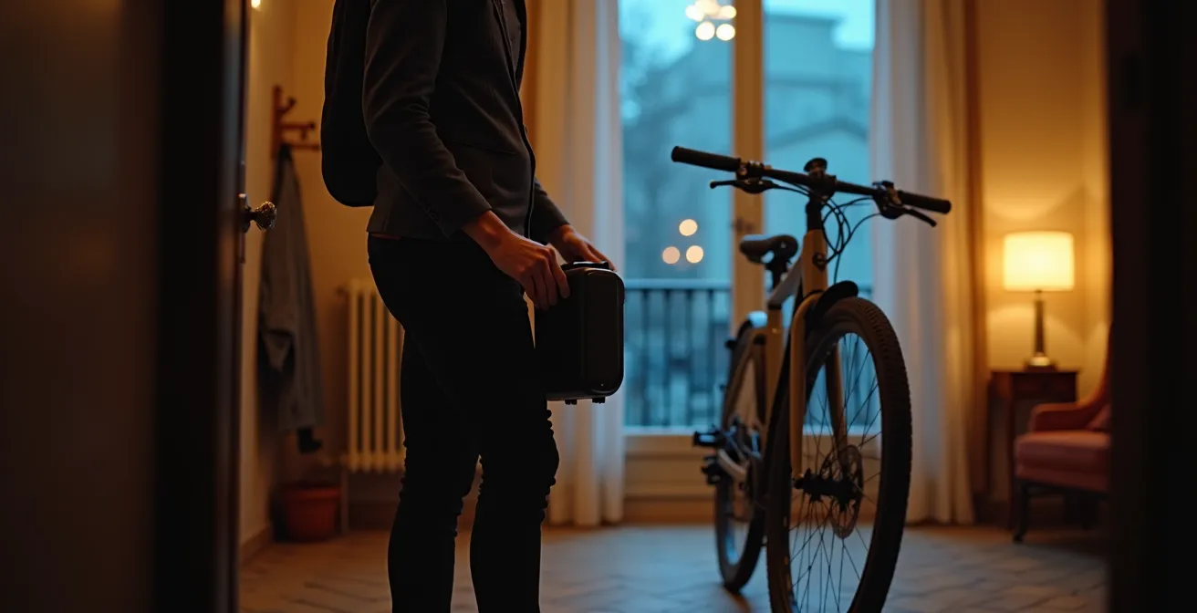 Batteria rimovibile di e-bike portata in casa durante l'inverno milanese