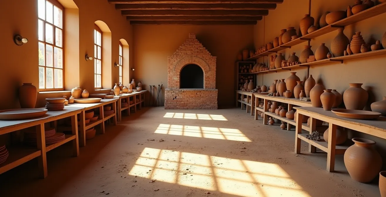 Vista panoramica di una bottega storica di ceramica con telai e forni tradizionali in Toscana