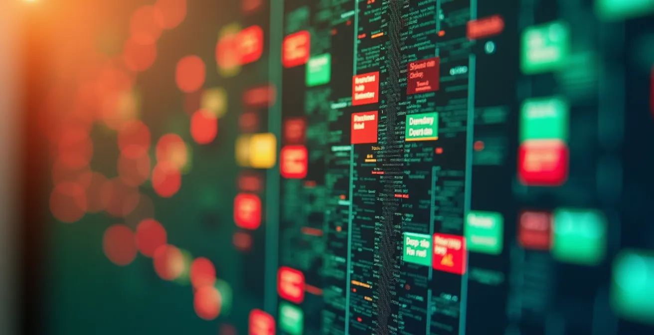 Vista macro di un calendario digitale con blocchi colorati che indicano diverse tipologie di lavoro