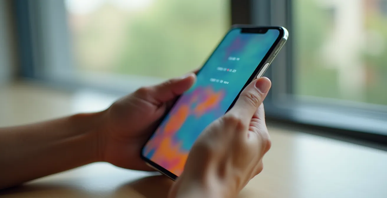 Mano che tiene uno smartphone con calendario colorato sullo schermo visto di lato, sfocato