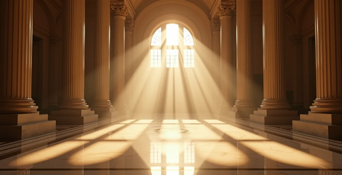 Fasci di luce che filtrano attraverso alte finestre in uno spazio monumentale vuoto