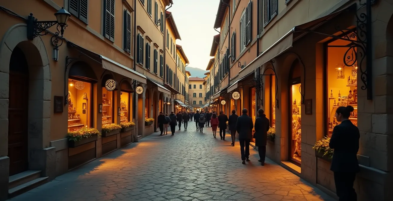 Vista aerea di un centro storico italiano con botteghe illuminate al tramonto