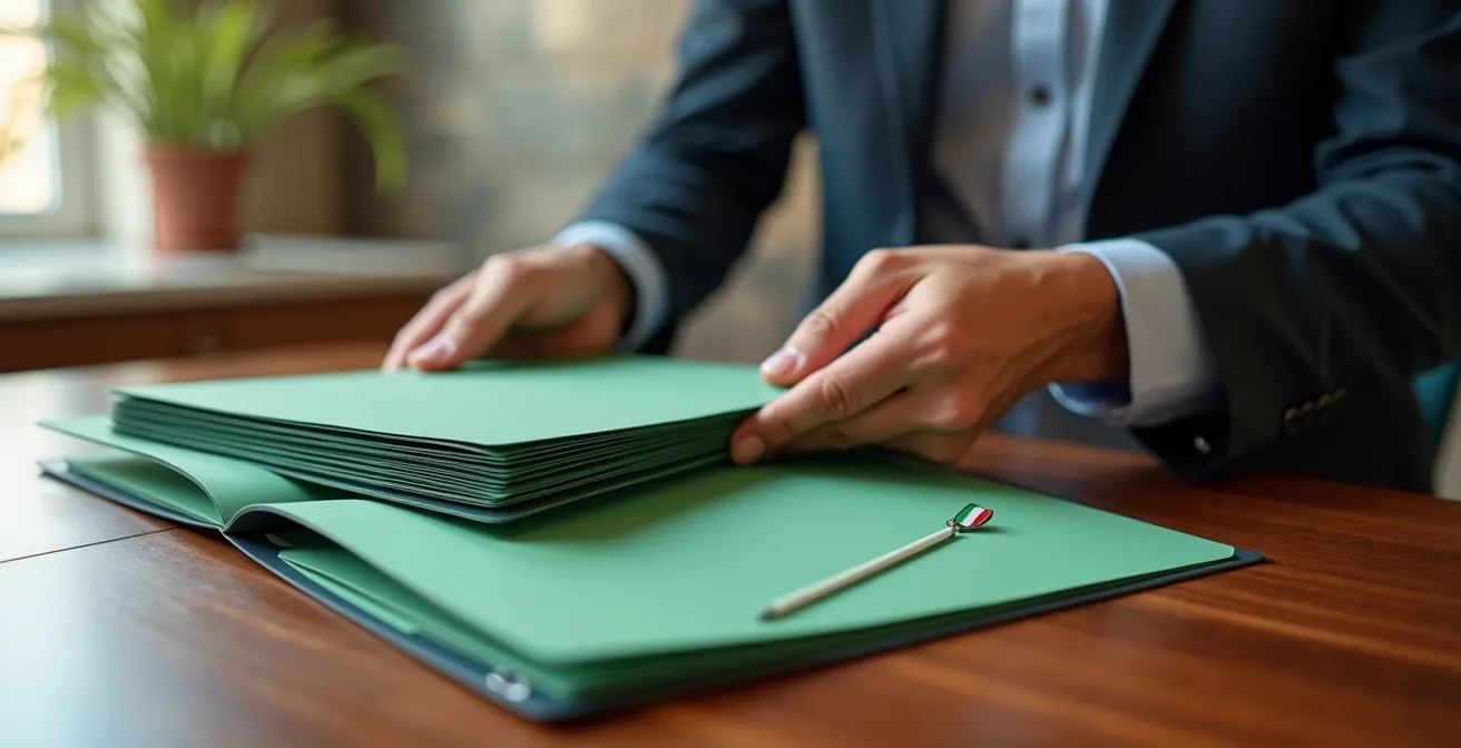 Mani che organizzano documenti di certificazione ambientale su scrivania italiana