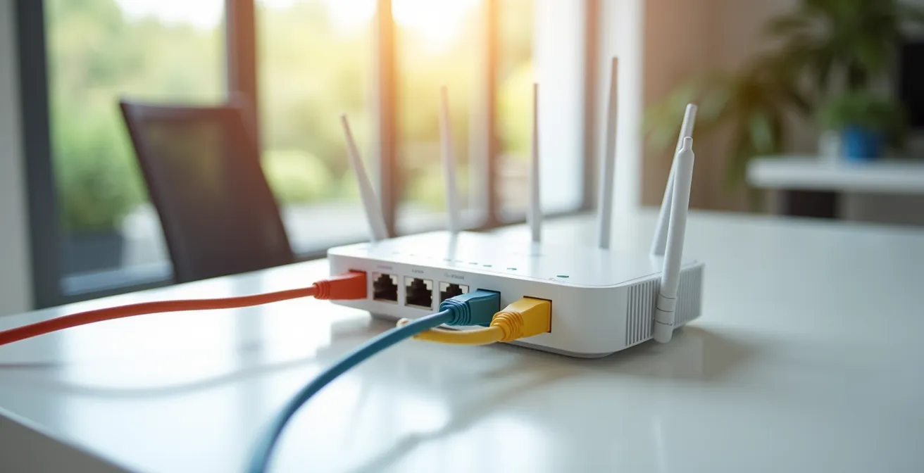 Router moderno con porte ethernet illuminate e cavi colorati che rappresentano diverse reti segmentate