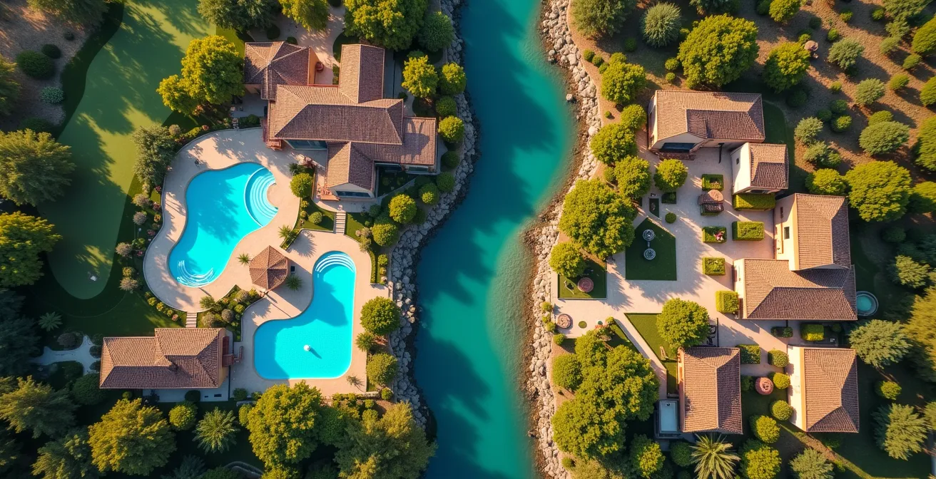Vista aerea di un resort con piscine e un agriturismo con raccolta acqua piovana