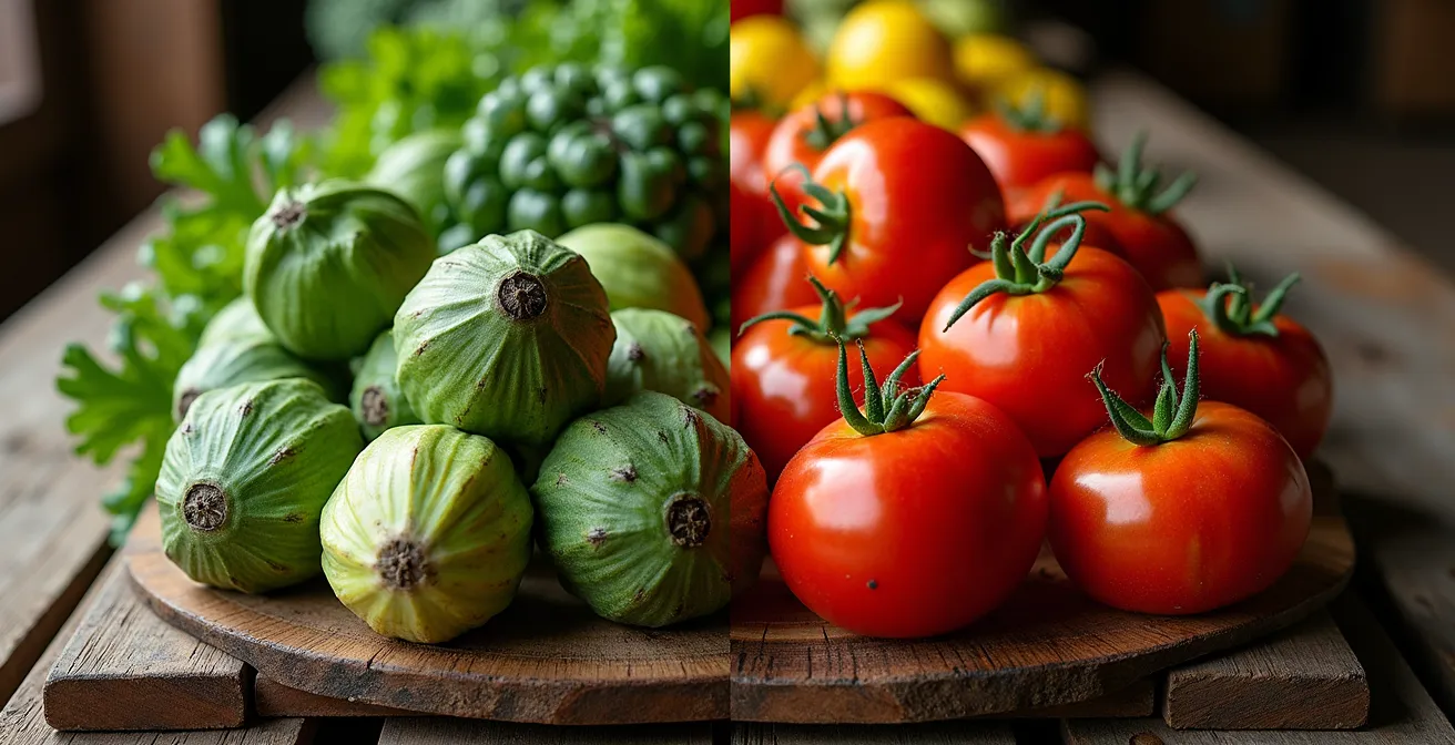 Confronto visivo tra verdure di stagione invernali italiane e ortaggi fuori stagione