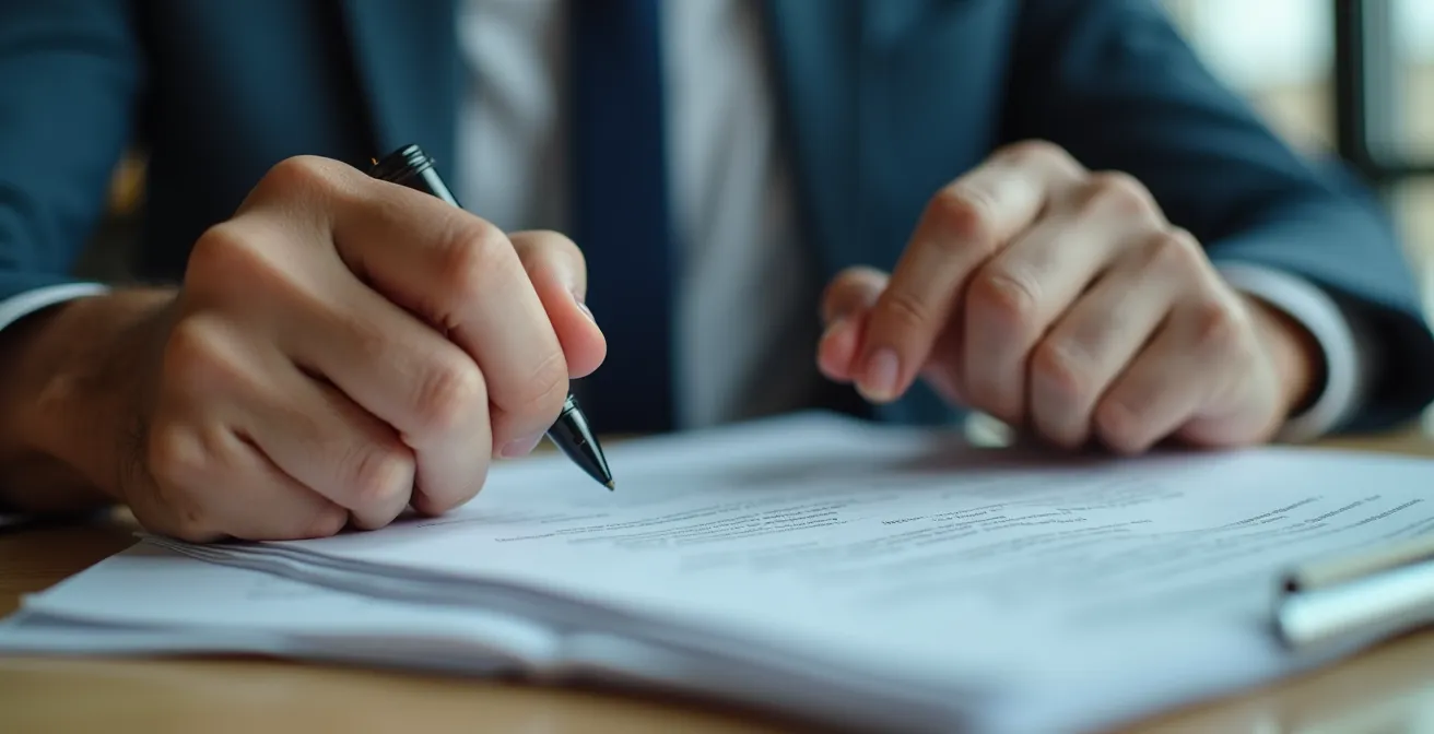 Dettaglio macro di mani tremanti su documenti di lavoro