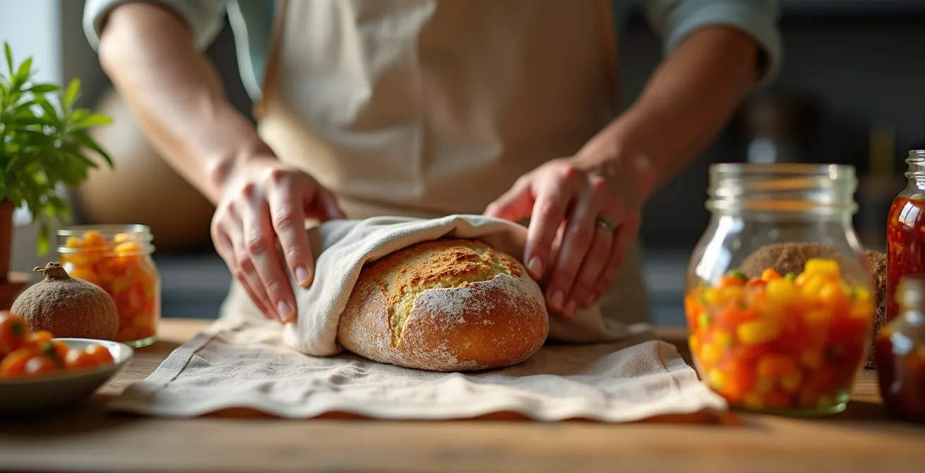 Panni cerati e contenitori in vetro per conservare cibi freschi