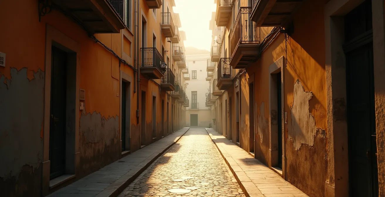 Vista di un vicolo napoletano deserto all'alba con giochi di luce e ombre sulle pareti antiche