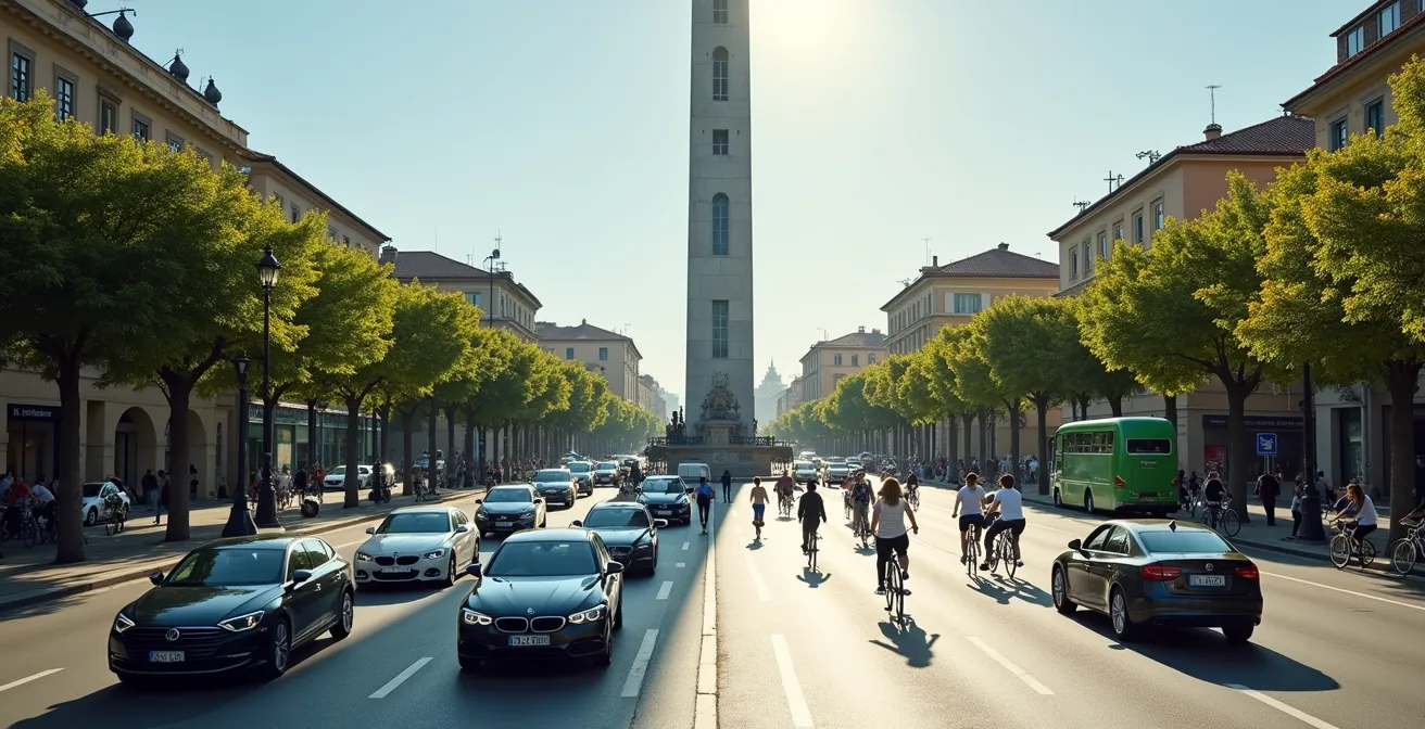 Scena urbana che mostra il contrasto tra soluzioni tecnologiche e comportamenti individuali