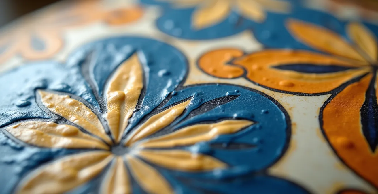 Dettaglio macro di una ceramica dipinta a mano con pennellate visibili