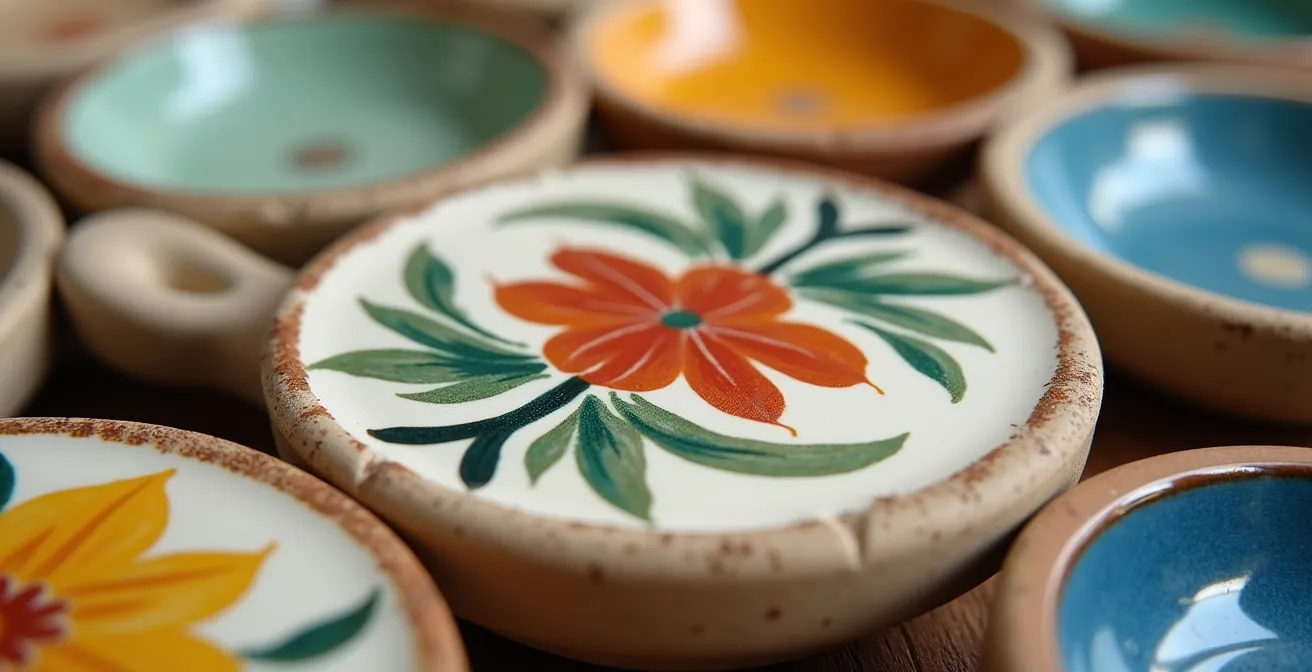 Macro dettaglio di ceramica italiana con pennellate visibili e texture della pittura a mano