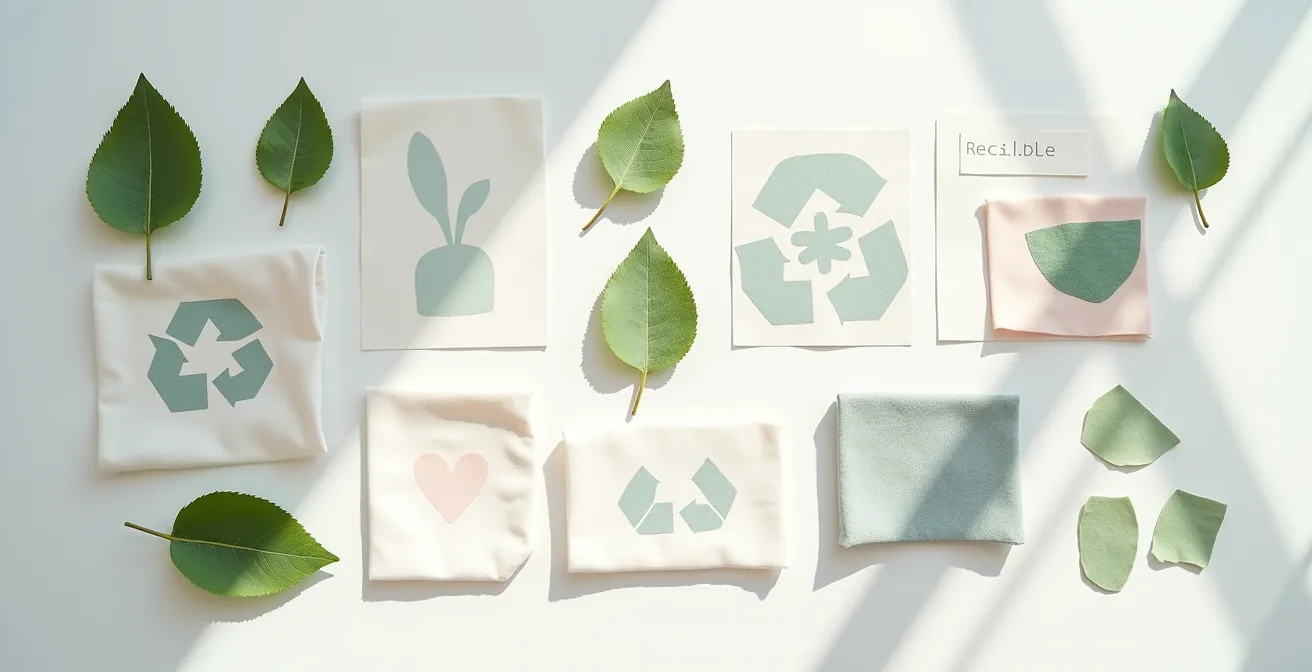 Confronto visivo tra etichette tessili che mostrano la differenza tra riciclabile e contenuto riciclato