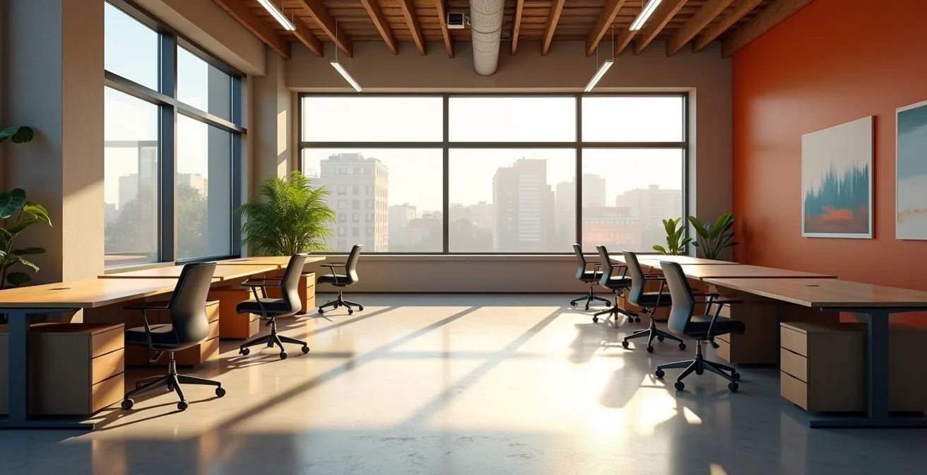 Spazio ufficio italiano moderno con aree di lavoro vuote e luminose che suggeriscono potenziale inutilizzato