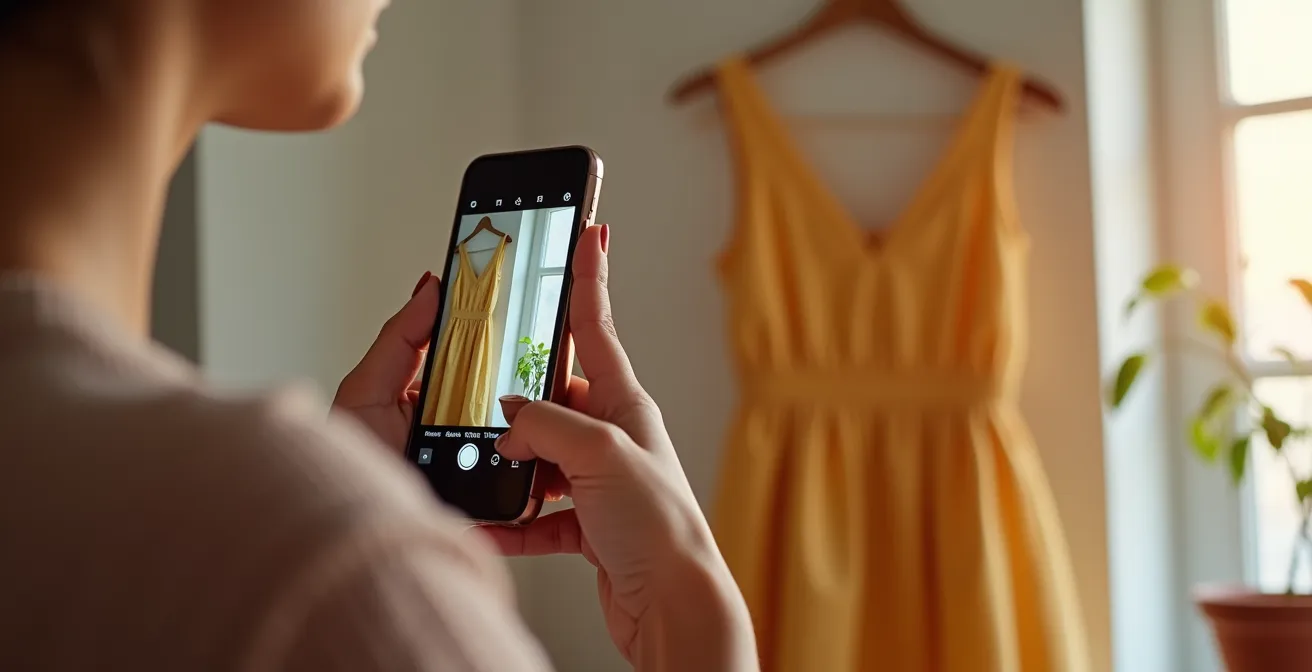 Mani che fotografano un vestito vintage con uno smartphone, sfruttando la luce naturale vicino a una finestra.