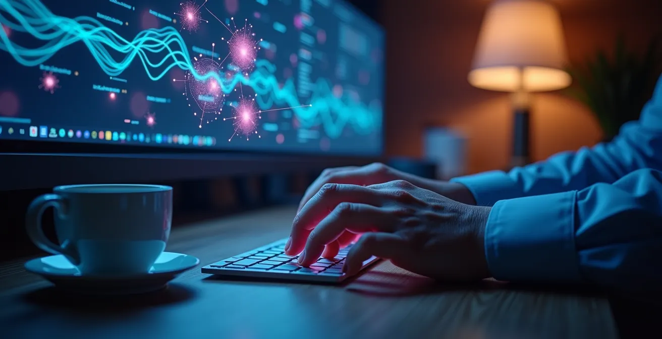 Imprenditore italiano al computer con interfaccia AI visualizzata in modo astratto e creativo