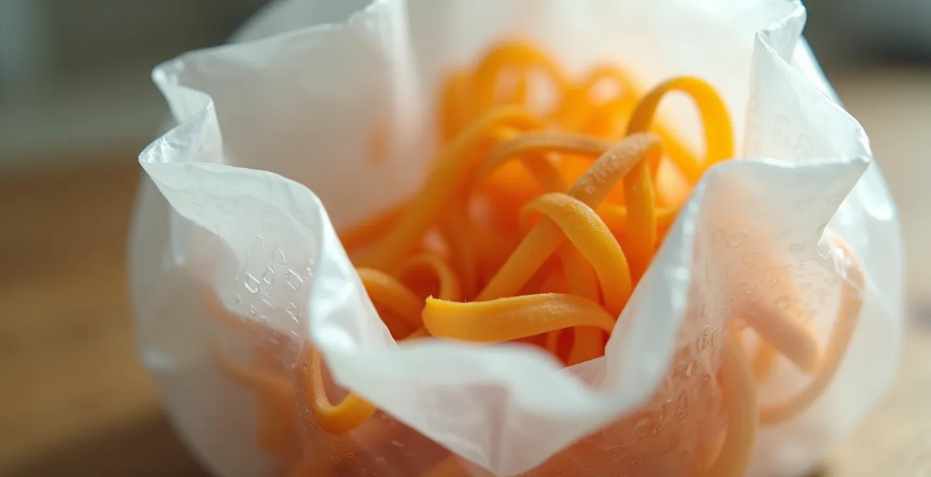 Dettaglio ravvicinato di certificazione su sacchetto compostabile