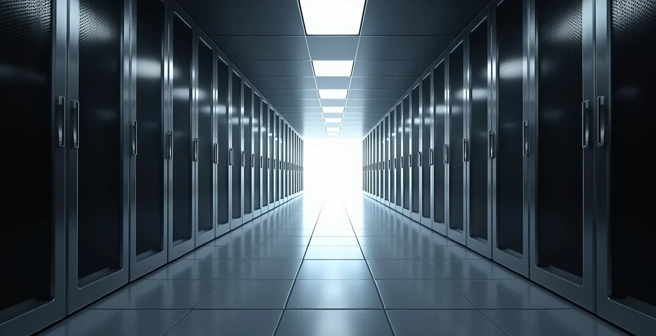 Corridoio infinito di server con ombre che suggeriscono sorveglianza invisibile