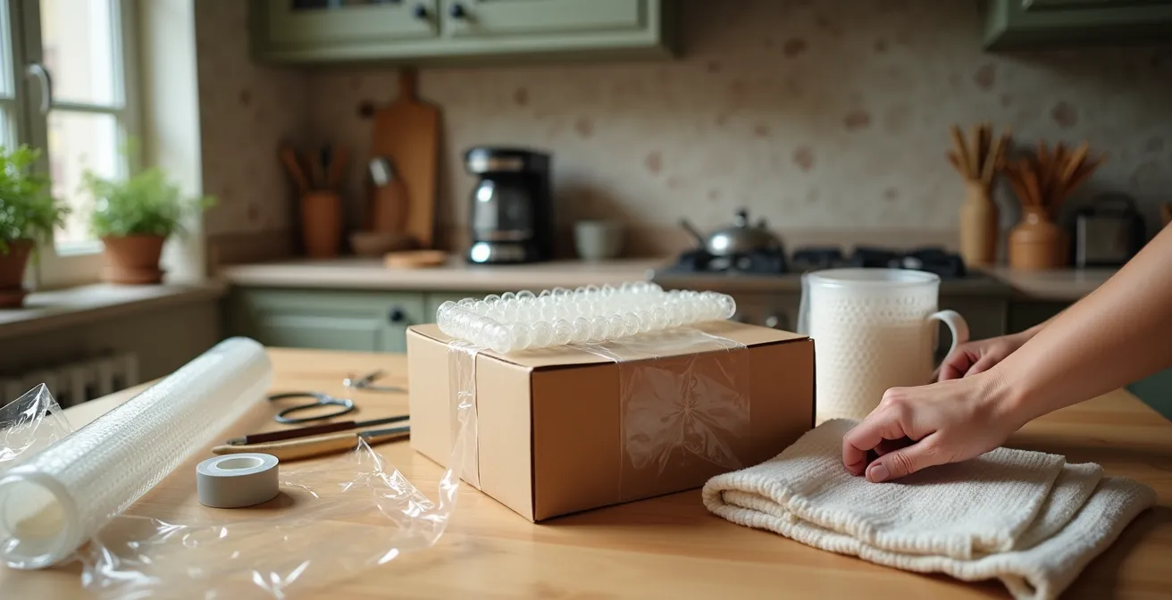 Un tavolo da cucina con materiali da imballaggio riciclati: scatola di cartone, pluriball e nastro adesivo pronti per una spedizione Vinted.