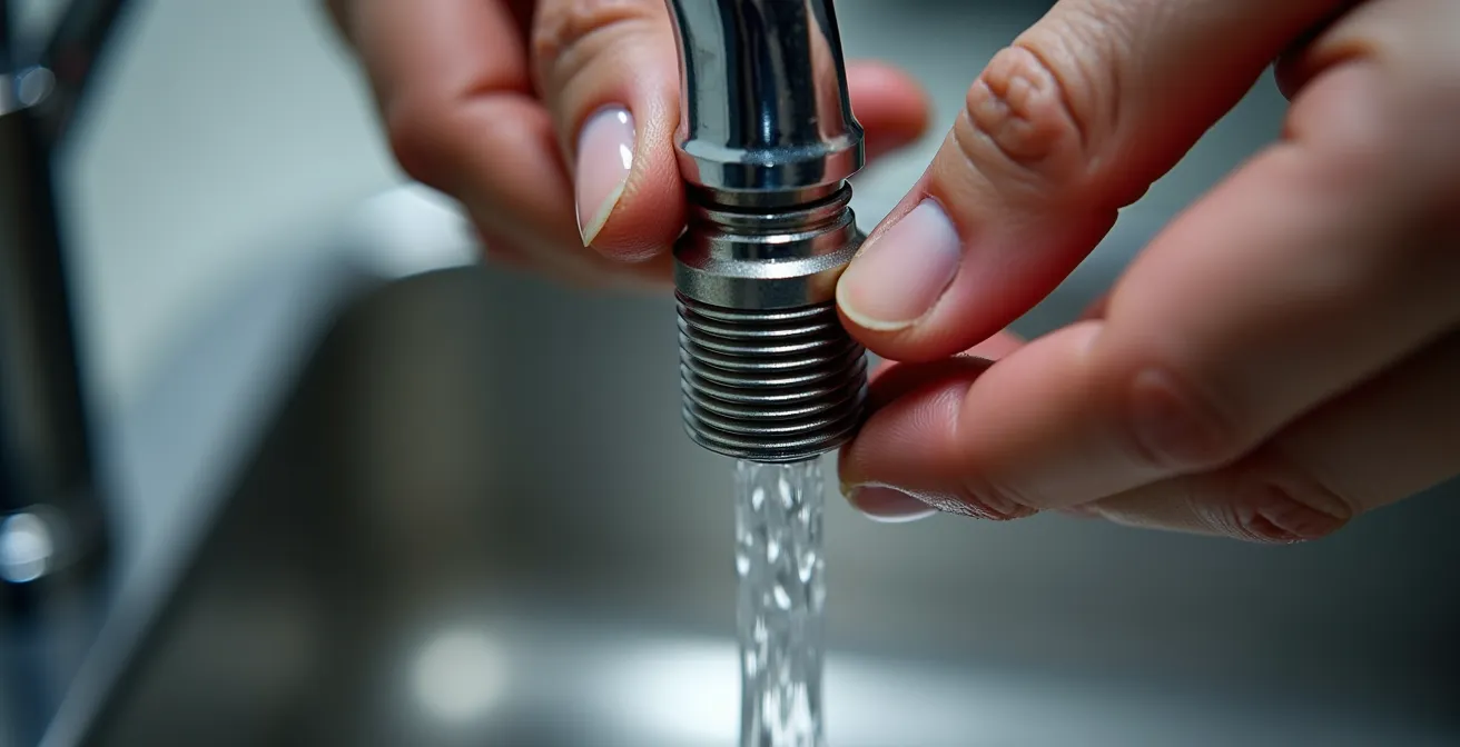 Dettaglio macro di mani che avvitano un aeratore cromato sulla filettatura di un rubinetto da cucina