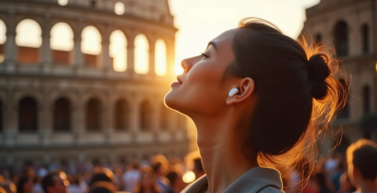 Turista ascolta guida virtuale mentre osserva il Colosseo all'alba
