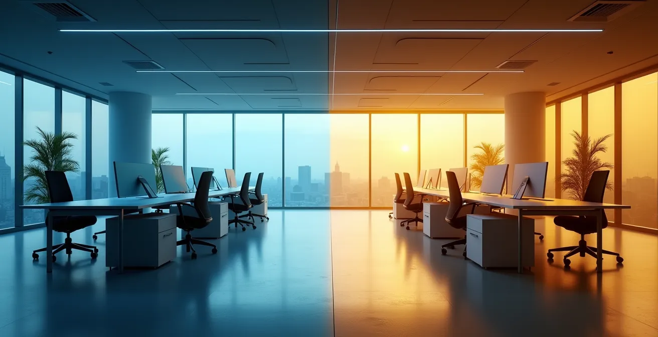 Confronto tra illuminazione calda e fredda in ambiente ufficio moderno