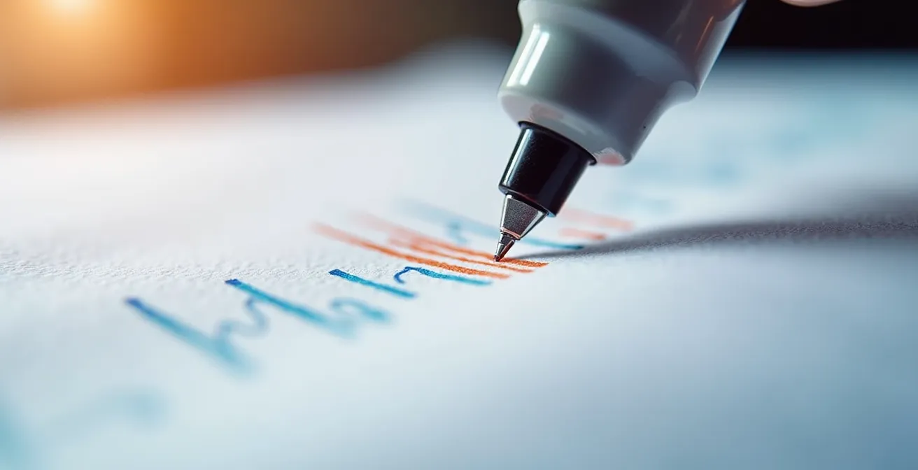 Dettaglio macro di pagine di report con evidenziatore digitale che sintetizza informazioni chiave