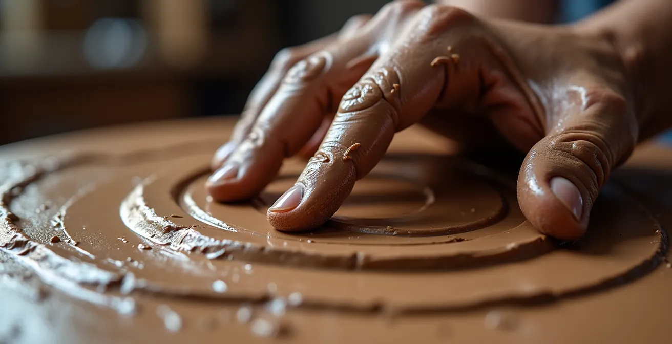 Dettaglio macro di mani che modellano argilla mostrando la texture e le impronte naturali