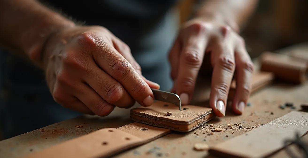 Dettaglio ravvicinato delle mani di un artigiano durante la lavorazione tradizionale