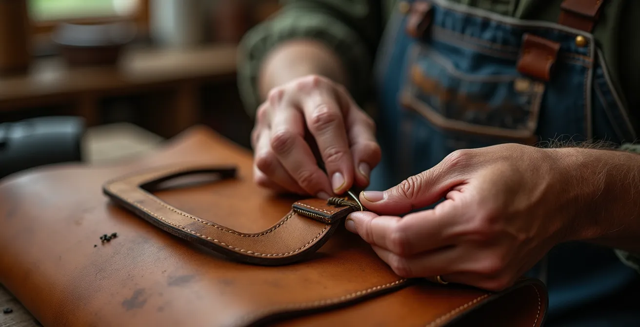 Mani esperte di un artigiano italiano che ripara una borsa in cuoio