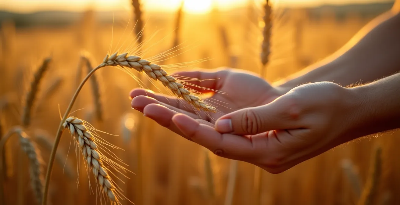 Mani che accarezzano le spighe di grano dorato in un campo toscano mentre il sole tramonta