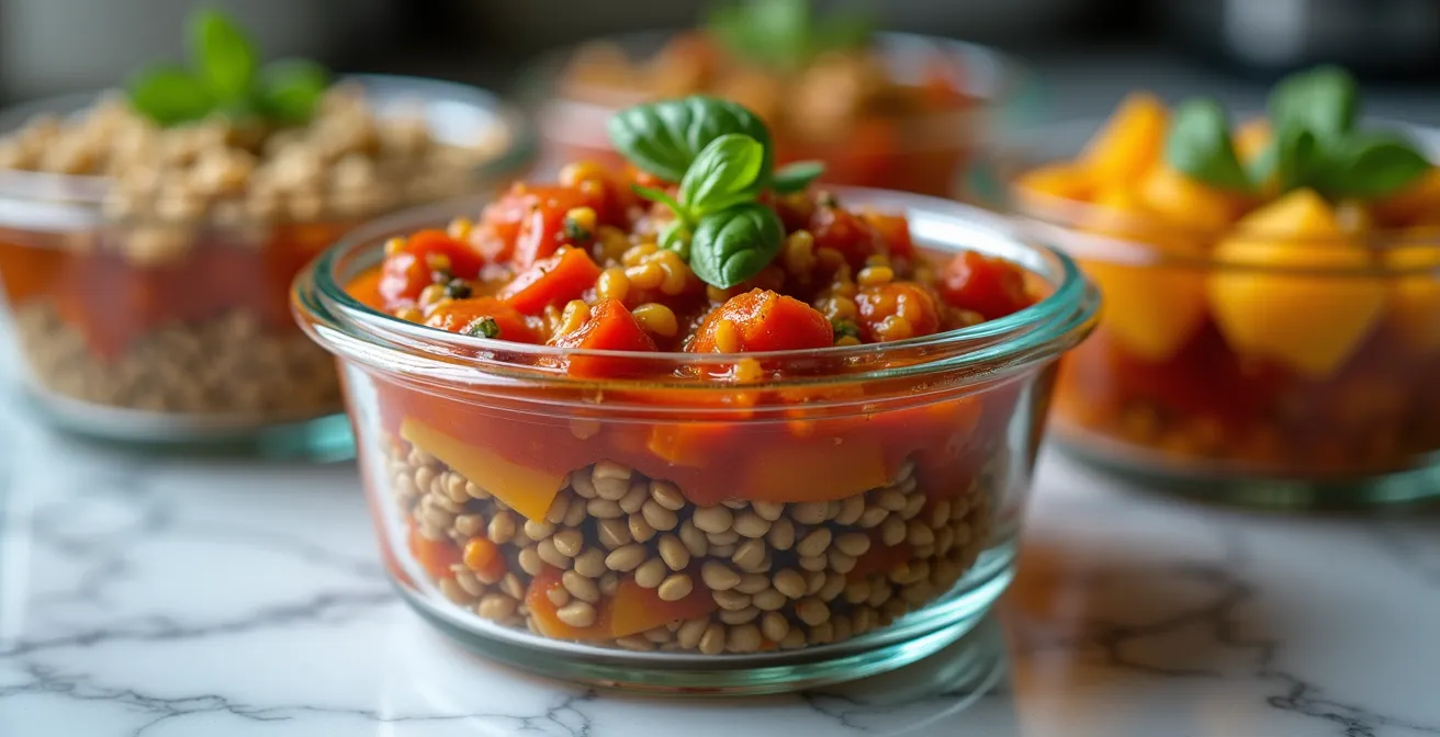 Preparazione settimanale di pasti mediterranei in contenitori di vetro