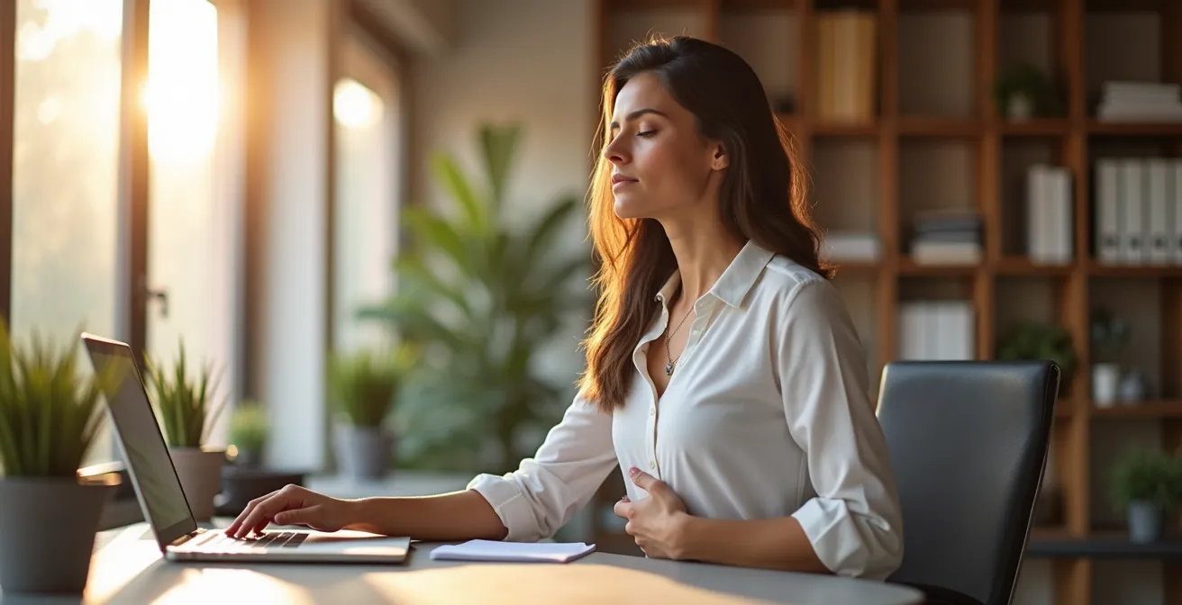 Professionista italiano che pratica respirazione consapevole in ufficio