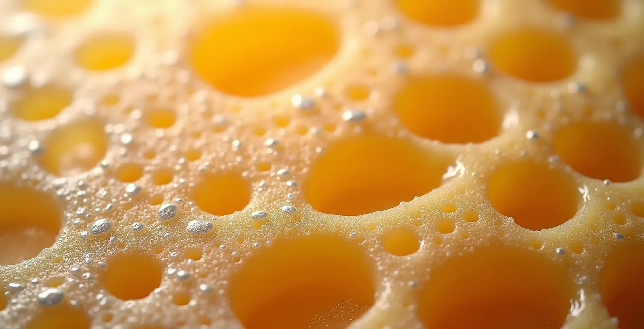 Vista macro dei cristalli di sale e muffe nobili sulla superficie di un formaggio DOP stagionato