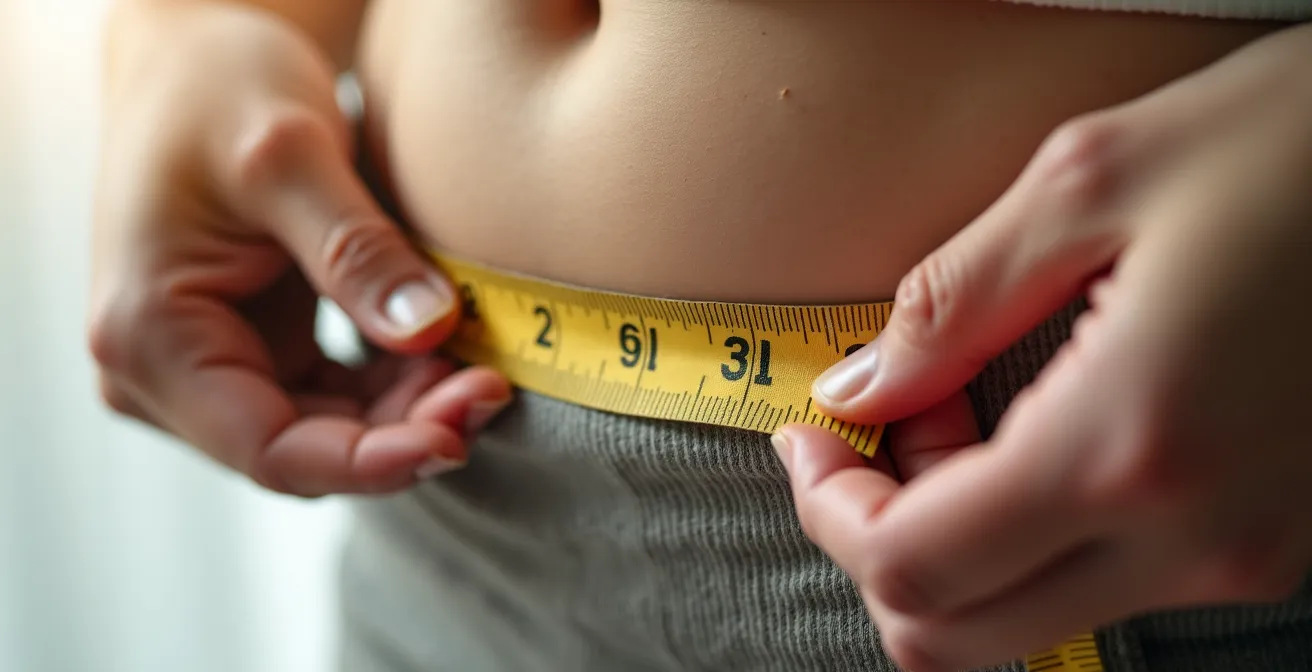 Dettaglio macro delle mani che posizionano un metro da sarta colorato intorno alla vita