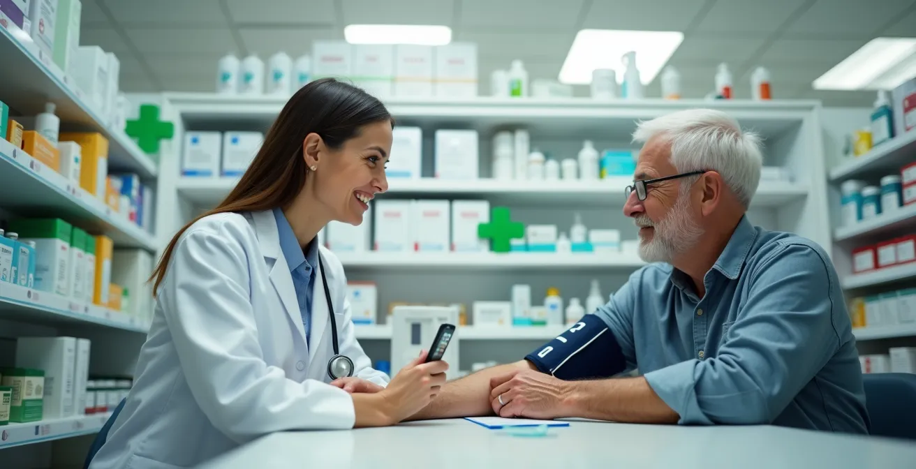 Ambiente di farmacia italiana con farmacista che misura la pressione a un paziente anziano