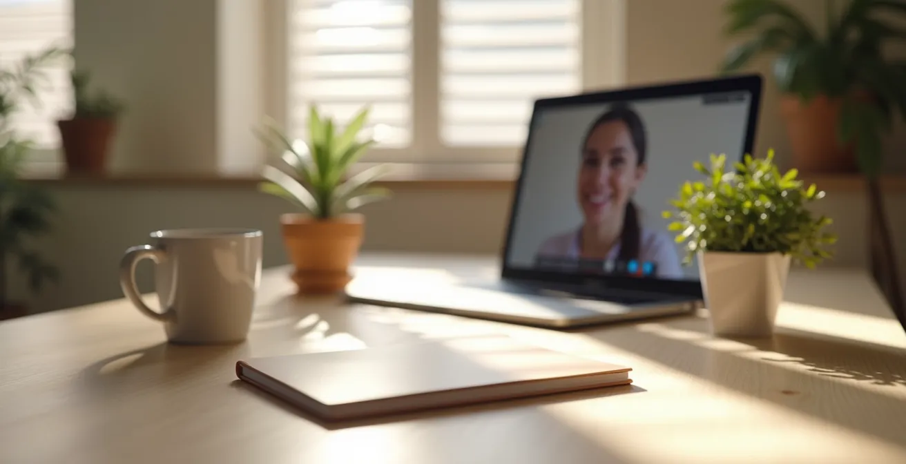 Setup di postazione home office con kit di benvenuto aziendale e collegamento video con mentore senior