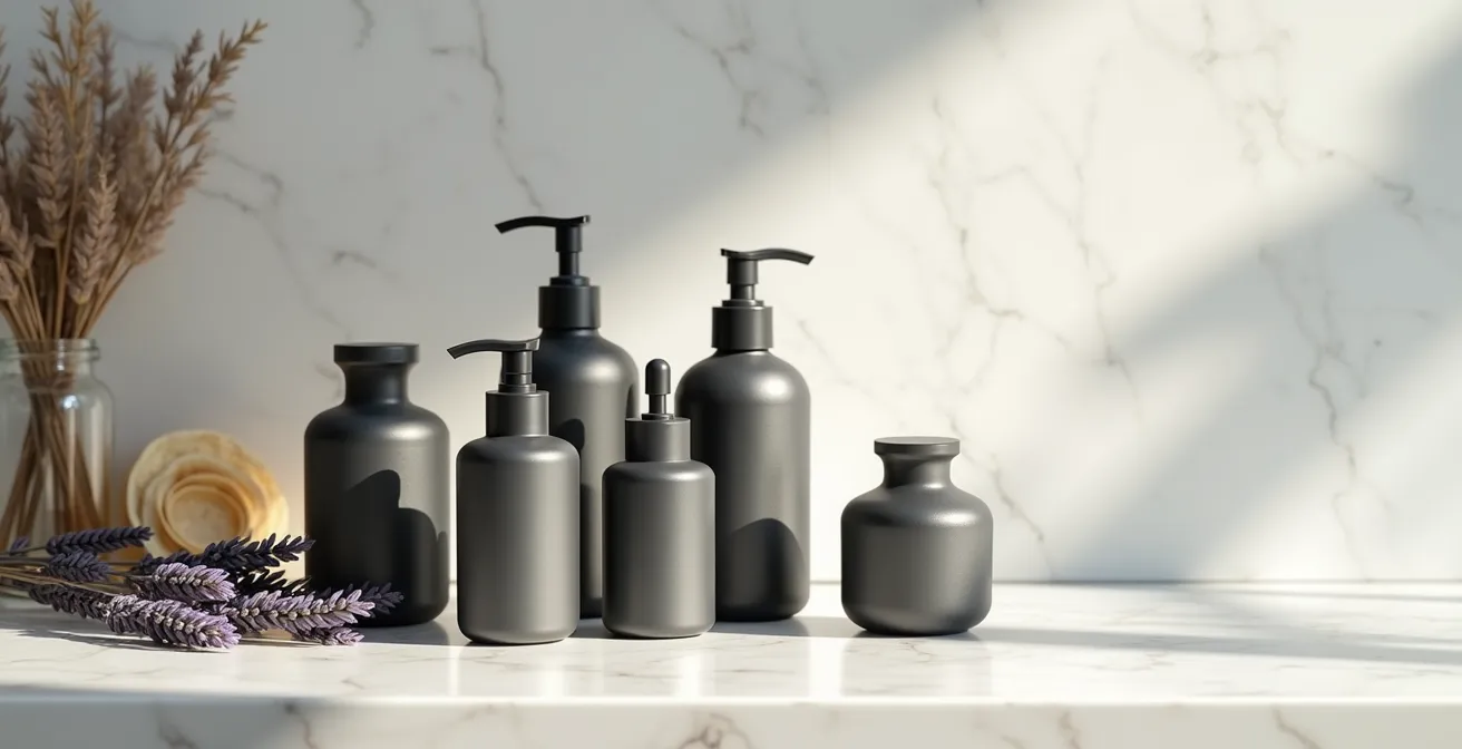 Composizione minimalista di flaconi in vetro e alluminio per cosmetici sostenibili