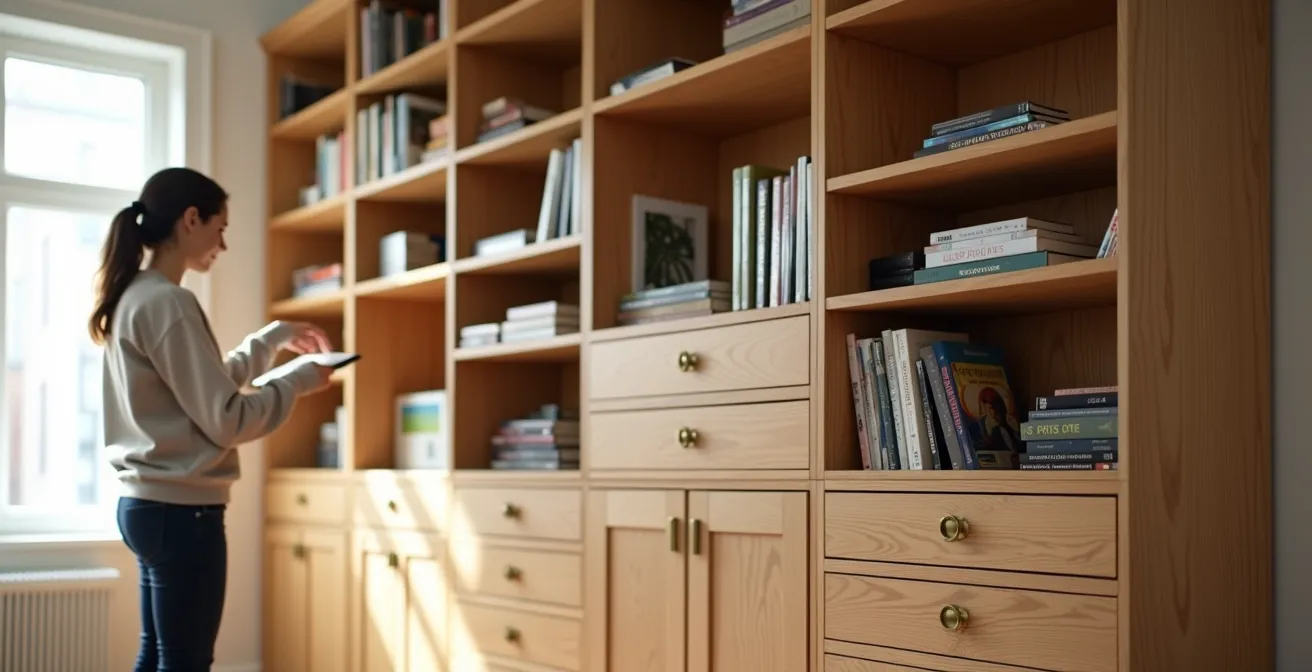 Parete attrezzata in legno che sfrutta l'altezza fino al soffitto con scaffali e contenitori integrati