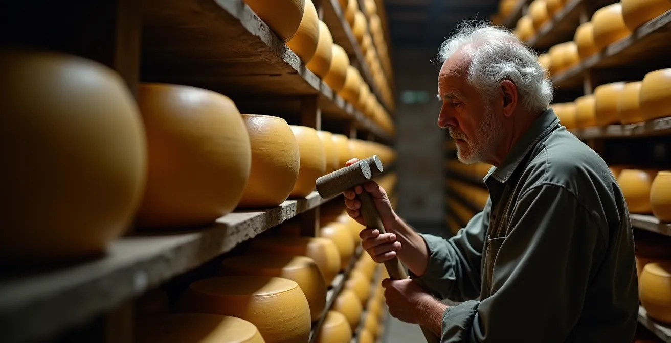 Forme di Parmigiano Reggiano in stagionatura in una cantina tradizionale con luce naturale filtrata