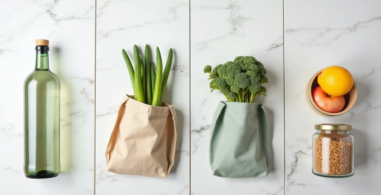 Calendario visuale del percorso di 4 settimane per eliminare la plastica monouso dalla cucina