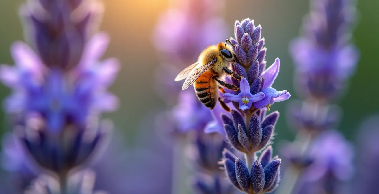 Dettaglio macro di fiori di borragine blu e lavanda con api che raccolgono polline