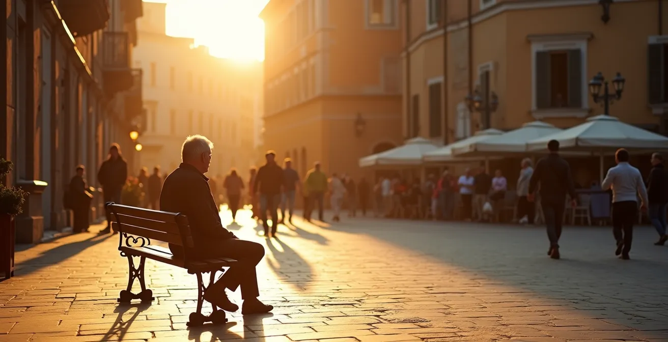 Vista ampia di una piazza italiana al tramonto con una figura solitaria seduta su una panchina circondata da vita locale