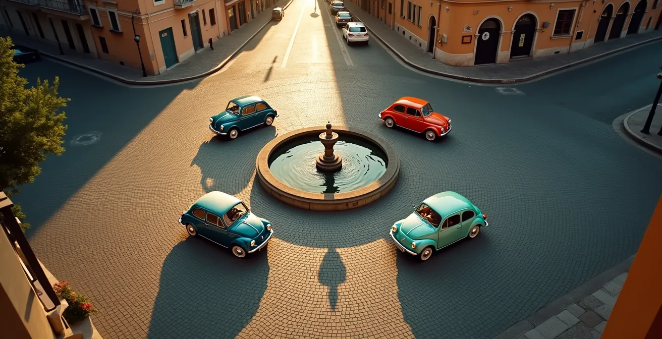 Vista aerea di un crocevia italiano con veicoli che cambiano direzione rappresentando il pivot aziendale