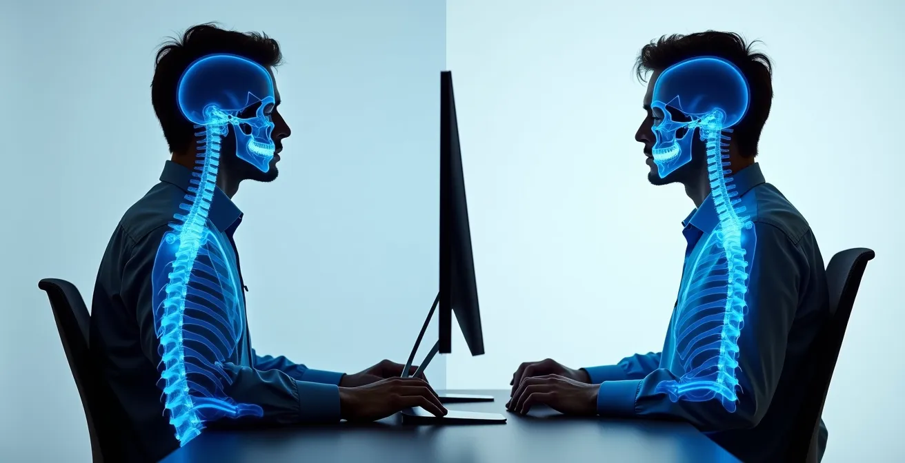 Confronto postura corretta e scorretta con schermo a diverse altezze