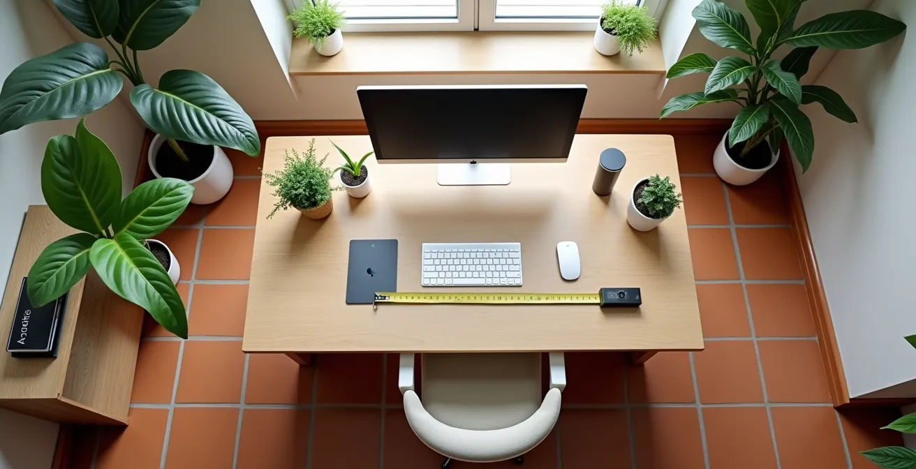 Vista dall'alto di una postazione di lavoro domestica ergonomica perfettamente organizzata secondo le linee guida INAIL